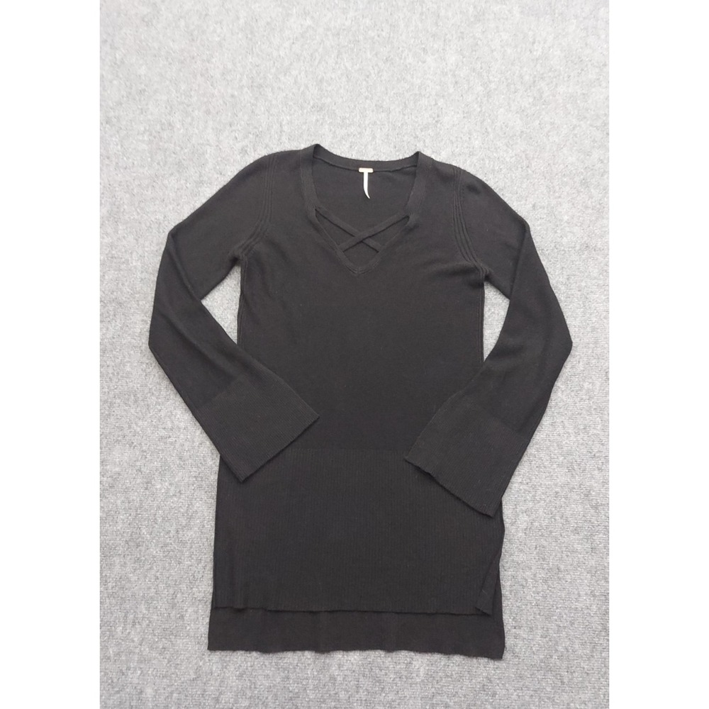 Free People Sweater Dress Medium Black Criss Cross Front Hi Lo Long Sleeve LBD‎